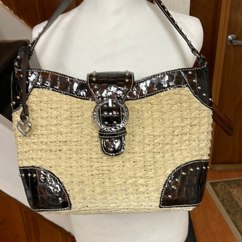 Brighton Woven Straw Studded Leather Shoulder Bag